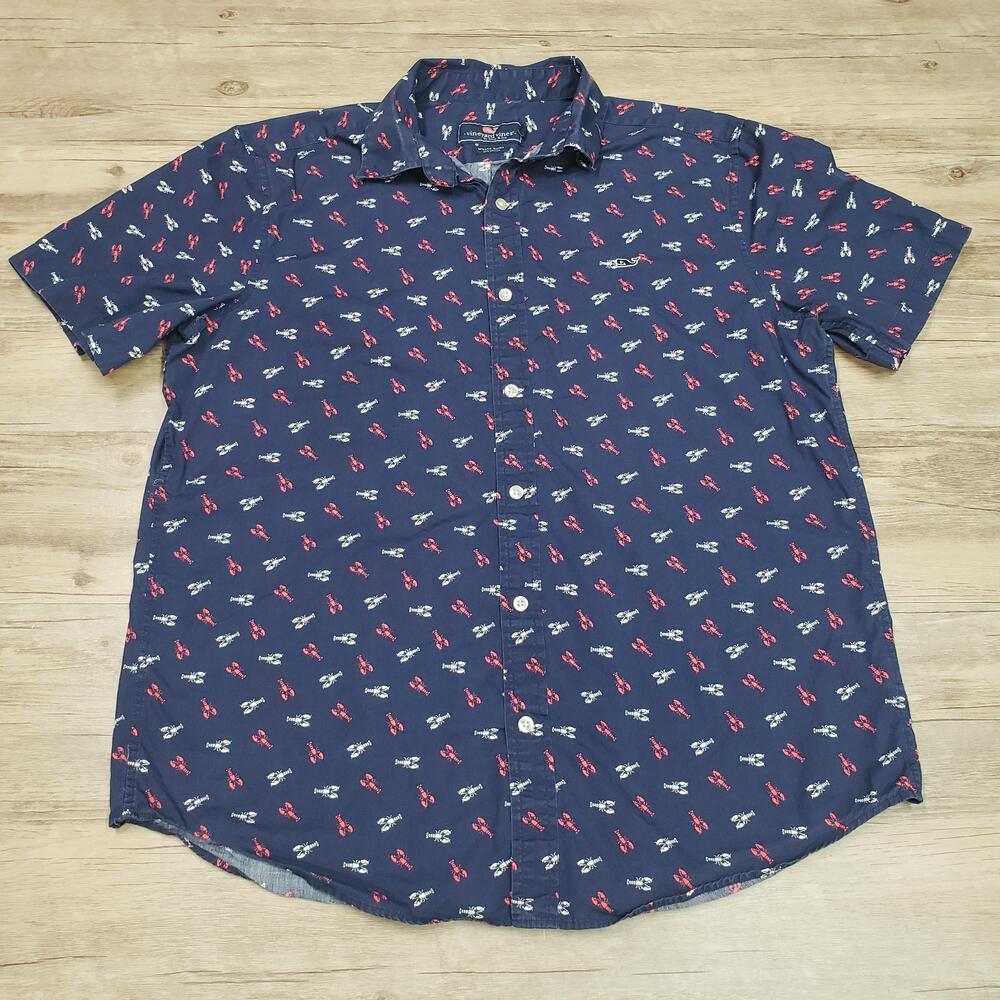 Vineyard Vines Whale Shirt Mens Large Blue Lobster Print Short Sleeve Cotton
